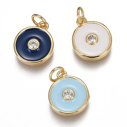Mixed Color Brass Micro Pave Clear Cubic Zirconia Charms, Long-Lasting Plated, with Enamel & Jump Rings, Flat Round, Real 18K Gold Plated, Mixed Color, 13.2x11x2.7mm, Hole: 3mm, Jump Ring: 5x0.8mm