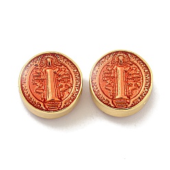 Шоколадный Стойки покрытие латунь эмаль бисер, без кадмия и без свинца, реальный 18 k позолоченный, плоский круглый со святым, цвет шоколада, 12x7 мм, отверстие : 1.8 мм