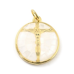 White Natural Shell Pendants, with Golden Brass Findings, Flat Round with Jesus, White, 18x16x3.5mm, 3.5mm Inner Diameter.