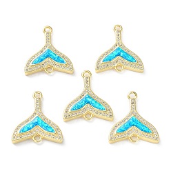 Real 18K Gold Plated Rack Plating Brass Micro Pave Clear Cubic Zirconia Connector Charms, Fishtail Links with Cyan Synthetic Opal, Cadmium Free & Lead Free, Long-Lasting Plated, Real 18K Gold Plated, 21x18.5x3.5mm, Hole: 1.8mm