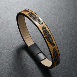 Gold Feather Imitation Leather Flat Cord Bracelet with Stainless Steel Magnetic Clasp, Gold, 8-1/4~8-5/8 inch(21~22cm)