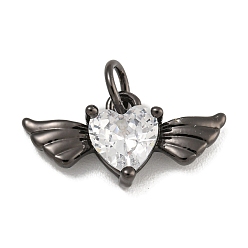 Черный Покрытие стойки латунь микропаве прозрачные подвески из кубического циркония, без свинца и без кадмия, долговечный, сердце с крыльями, чёрные, 9x18x4.5 мм, отверстие : 3.5 мм