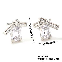 Серебро Серьги-гвоздики с бантом из латуни с прозрачным кубическим цирконием, серебряные, 17x19 мм