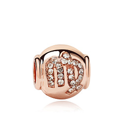 Virgo Rose Gold Plated Alloy European Beads, with Crystal Rhinestone, Large Hole Beads, Rondelle with Twelve Constellations, Virgo, 11x11mm
