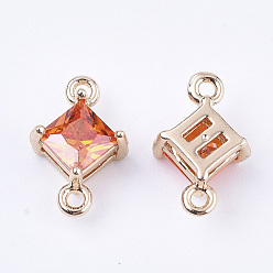 Tomato Transparent Glass Links connectors, with Brass Findings, Faceted, Rhombus, Light Gold, Tomato, 11x7x4mm, Hole: 1mm, Side Length: 5mm