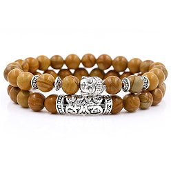 Wood Lace Stone 2Pcs 2 Style Natural Wood Lace Stone Stretch Bracelets Set with Alloy Buddha Head, Gemstone Jewelry for Women, 7~1/4~7-1/2 inch(18.5~19cm), 1Pc/style