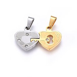 Golden & Stainless Steel Color 304 Stainless Steel Split Pendants, with Rhinestone, Heart with Key, with Word Love, For Valentine's Day, Golden & Stainless Steel Color, 16x29x2.5mm, Hole: 8x4mm, One Side: 16x15.5x2.5mm, Another Side: 16x19.5x2.5mm