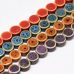 Mixed Color Handmade Porcelain Beads, Fancy Antique Glazed Porcelain, Flat Round, Mixed Color, 12~13x7.5~8mm, Hole: 3mm