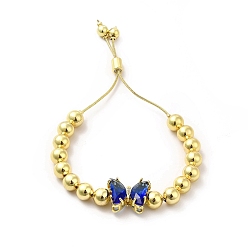 Bleu Moyen  Bracelets coulissants à perles rondes en laiton plaqué en rack pour femmes, bracelets réglables papillon en verre plaqué longue durée, sans nickel et sans plomb, réel 18 k plaqué or, bleu moyen, diamètre intérieur : 1-1/2~2-7/8 pouces (3.7~7.2 cm)