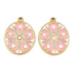 Pink 304 Anhänger aus Edelstahl und Emaille, Oval mit Blume, mit Strass, echt 18 k vergoldet, Ionenbeschichtung (ip), langlebig überzogen, rosa, 26x20x3 mm, Bohrung: 1.6 mm