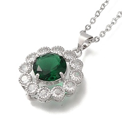 Зеленый 304 из нержавеющей стали кабель цепи ожерелья, латунные прозрачные кубические циркониевые ожерелья с подвесками в виде цветка, платины и нержавеющая сталь цвет, зелёные, 17.91 дюйм (45.5 см)