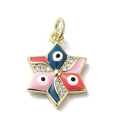 Pink Brass Micro Pave Cubic Zirconia Pendants, with Enamel, with Jump Ring, Real 18K Gold Plated, Star with Evil Eye, Pink, 17.5x13x3.4mm, Hole: 3.2mm