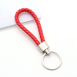 Red Handwoven Imitation Leather Keychain, with Metal Car Key Ring Chain Accessories Gift for Men and Women, Red, 122x30mm