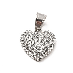 Stainless Steel Color 304 Stainless Steel Pendants, with Crystal Rhinestone, Heart Charms, Stainless Steel Color, 18x18x5.5mm, Hole: 7.5x4.5mm