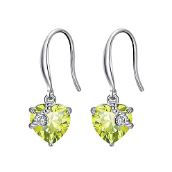 Yellow Green Cubic Zirconia Heart Dangle Earrings, Real Platinum Plated Rhodium Plated 925 Sterling Silver Earrings for Women, Yellow Green, 26mm