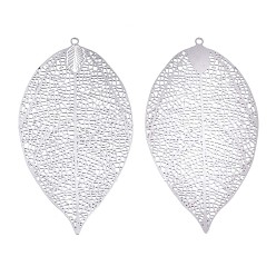 Stainless Steel Color 304 Stainless Steel Filigree Big Pendants, Etched Metal Embellishments, Leaf, Stainless Steel Color, 60x33x0.3mm, Hole: 1.6mm