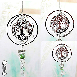 Tree of Life Stainless Steel Wind Chines, Outdoor, Home Hanging Decoration with Yellow Green Glass Beads, Stainless Steel Color, Tree of Life Pattern, 500x145mm