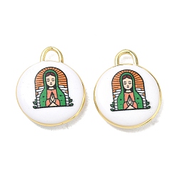 Green Printed Brass Pendants, Flat Round & Virgin Mary Pattern Charms, Rack Plating, Long-Lasting Plated, Lead Free & Cadmium Free, Real 18K Gold Plated, Green, 21.5x17x4mm, Hole: 4x3mm