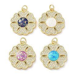 Mixed Color Brass Micro Pave Clear Cubic Zirconia Pendants, with Synthetic Opal and Jump Ring, Real 18K Gold Plated, Flower, Mixed Color, 21x19x3.5mm, Hole: 3.6mm