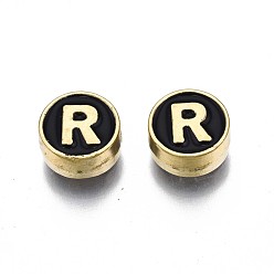 Letter R Alloy Enamel Beads, Cadmium Free & Lead Free, Light Gold, Flat Round with Alphabet, Black, Letter.R, 8x4mm, Hole: 1.5mm