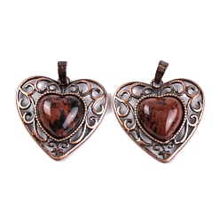 Mahogany Obsidian Natural Mahogany Obsidian Peach Love Heart Pendants, Rack Plating Brass Hollow Heart Charms, Cadmium Free & Lead Free, Red Copper, 29.5x30.5x7.5mm, Hole: 7.5x5mm