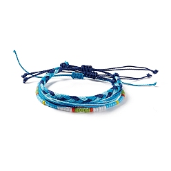 Blue 3Pcs 3 Style Plastic Braided Bead Bracelets Set, Waxed Polyester Cord Adjustable Bracelets for Women, Blue, Inner Diameter: 2~4-1/4 inch(5.1~10.7cm), 1Pc/style