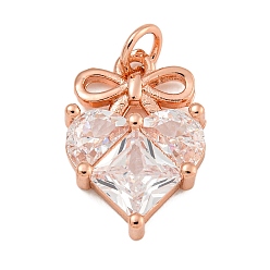 Розовое Золото Покрытие стойки латунь микропаве прозрачные подвески из кубического циркония, без свинца и без кадмия, долговечный, сердце с бантом, розовое золото , 17x12.5x4 мм, отверстие : 3.5 мм