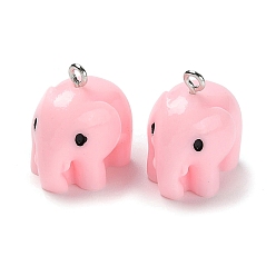 Pink Opaque Resin Pendants, Elephant Charms, with Platinum Tone Iron Loops, Pink, 20x15x20mm, Hole: 2mm