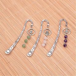 Mixed Stone Antique Silver Plated Alloy Bookmarks, with Alloy Buddha Pendants and Gemstone Round Beads, 122x22x2mm