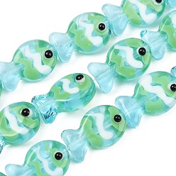 Cyan Handmade Lampwork Beads Strands, Fish, Cyan, 20~21x12~12.5x7.5~10.5mm, Hole: 1.2mm, about 20pcs/strand, 16.26 inch(41.3cm)