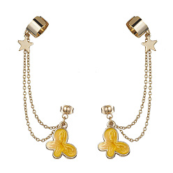 Gold Light Gold 304 Stainless Steel Cuff Earring Chains, Star & Butterfly Alloy Enamel Dangle Stud Earrings Crawler Earrings, Gold, 77mm