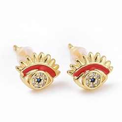 Red Cubic Zirconia Evil Eye Stud Earrings with Enamel, Gold Plated Brass Jewelry for Women, Cadmium Free & Lead Free, Red, 7.5x10mm, Pin: 0.8mm