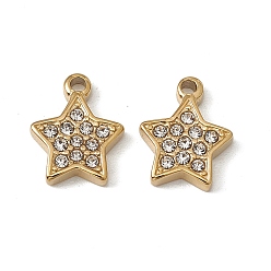 Real 18K Gold Plated Vacuum Plating 201 Stainless Steel Charms, Crystal Rhinestone Star, Real 18K Gold Plated, 12.5x10x2mm, Hole: 1.6mm