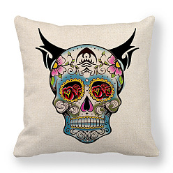 Flower Flax Pillow Covers, Bohemian Style Sugar Skull Pattern Cushion Cover, for Couch Sofa Bed, Square, Rose Pattern, 450x450mm