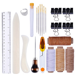 Mixed Color Bookbinding Tools Kits, Including Waxed Cotton Thread, Plastic Paper Creaser, Sewing Needles, Sewing Needle Storage Box, Awl, Thimble Ring, Scissors, Ruler, Binder Clips, Mixed Color, 21pcs/set