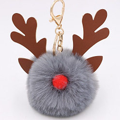 Dark Gray Christmas Deer Antler Pom-Pom Keychain with Plush Elk Charm for Women's Handbag Gift