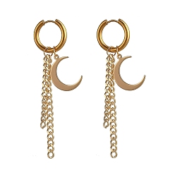 Golden 304 Stainless Steel Huggie Hoop Earrings, Hypoallergenic Earrings, with Brass Pendants & Curb Chains, Moon, Golden, 78mm, Pin: 1mm