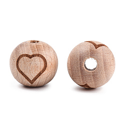 Heart Engraved Beech Wood Beads, Round, BurlyWood, Undyed, Round, Heart Pattern, 15~16x14.5~15mm, Hole: 3~4mm