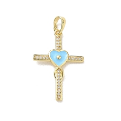 Light Sky Blue Brass Micro Pave Clear Cubic Zirconia Pendants, with Enamel, Cross with Heart Charms, Rack Plating, Long-Lasting Plated, Cadmium Free & Lead Free, Real 18K Gold Plated, Light Sky Blue, 23x29.5x3.5mm, Hole: 3.5x5.5mm