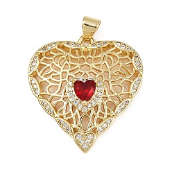 Красный Латунные микро проложить кубического циркония подвески, сердце, без кадмия и без свинца, стойки покрытие, долговечный, реальный 18 k позолоченный, красные, 28x26x6 мм, отверстие : 3.5x3 мм