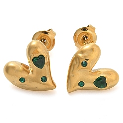 Папоротник Зеленый Ионное покрытие (ip) 304 серьги-гвоздики из нержавеющей стали, со стразами, сердце, Папоротник зеленый, 13x13 мм