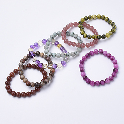 Mixed Stone Natural Gemstone Beaded Stretch Bracelets, Round, 1-3/4 inch~2-1/8 inch(48~54mm)