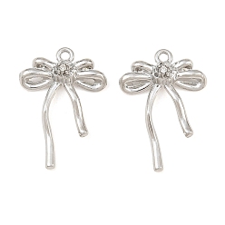 Platinum Alloy & Crystal Rhinestone Pendants, Bowknot Charms, Rack Plating, Platinum, 25x18x5.5mm, Hole: 1.6mm