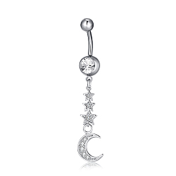 Platinum Piercing Jewelry, Brass Cubic Zirconia Navel Ring, Belly Rings, with 304 Stainless Steel Bar, Lead Free & Cadmium Free, Moon with Star, Clear, Platinum, 55x11mm, Bar Length: 3/8"(10mm), Bar: 14 Gauge(1.6mm)