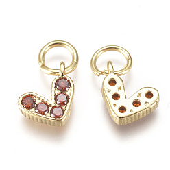 Red Brass Micro Pave Cubic Zirconia Charms, with Jump Ring, Long-Lasting Plated, Real 18K Gold Plated, Heart, Red, 6x8x2mm, Hole: 3mm
