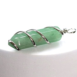 Green Aventurine Natural Green Aventurine Copper Wire Wrapped Pointed Pendants, Faceted Bullet Charms, Platinum, 45x10mm