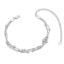 Platinum SHEGRACE Rhodium Plated 925 Sterling Silver Multi-Strand Bracelets, with Snake Chains and Round Beads, Platinum, 6-1/2 inch(16.5cm)