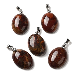 Брекчированных Джаспер Природные брекчированных яшмы подвески, овальные подвески со стойкой, латунные кнопки с платиновым покрытием, защелки на дужках, 30x21.5~22x6~6.5 мм, отверстие : 6x4 мм