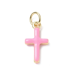 Pearl Pink Real 18K Gold Plated Eco-Friendly Rack Plating Brass Enamel Pendants, Long-Lasting Plated, with Jump Rings, Lead Free & Cadmium Free, Cross Charm, Pearl Pink, 15x8x3mm, Hole: 3.4mm