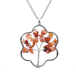 Carnelian Natural Carnelian Chips Beaded Flower with Tree Pendant Necklaces, with Platinum Brass Chains, 20.87 inch(53cm)